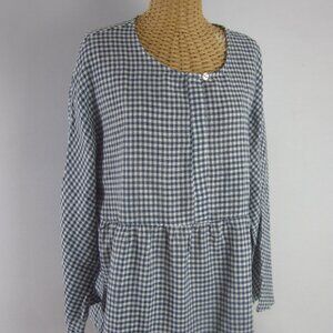New Lintico Womens Plus 2X Navy Blue Check Caroline Linen Cotton Gathered Tunic